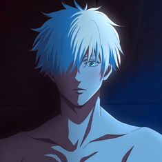 an anime character with blue hair and green eyes looking at the camera while staring into the distance