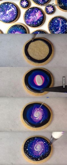 some cookies are being decorated with purple and blue designs