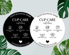 two black and white circular badges with the words cup care on them, surrounded by green leaves