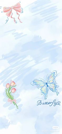 two butterflies are flying in the sky with flowers on each side and one is pink