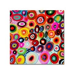 an abstract painting with circles and dots in red, green, blue, yellow, pink, orange