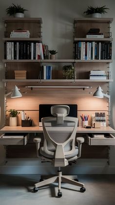 an office chair sitting in front of a desk with bookshelves and shelves above it