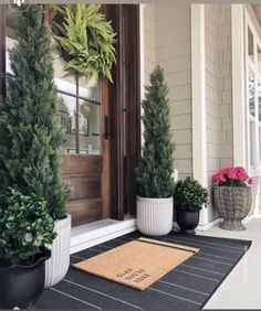 two potted plants are on the front porch with a welcome mat and doormat