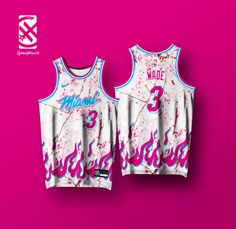 two white basketball jerseys with pink and blue paint splattered on them, against a bright pink background