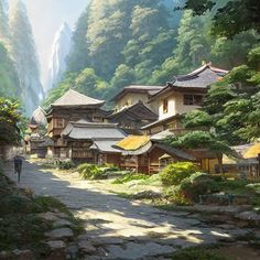 Japanese Village Painting, Ancient Village Concept Art, Chinese Village Concept Art, Fantasy Japanese Village Art, Japan Environment Concept Art, Asian Village Concept Art, Japanese Town Concept Art, Ancient Chinese Village Art, Japanese Traditional Village