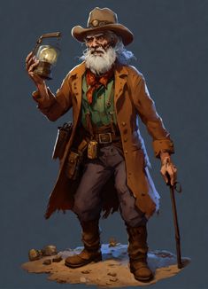 an old man with a lantern in his hand and a hat on top of him