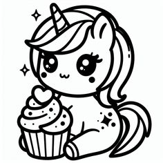 a cute little pony with a cupcake in her hand and stars on the top