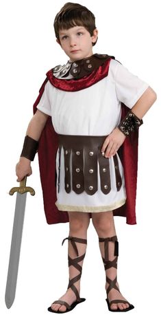 A great costume always gives you peak level confidence and look! Be the point of attraction of historical drama or Halloween party by wearing this fearsome warrior costume. It features a collar with attached cape  tunic  belt  and arm cuffs that perfectly makes your kid a gladiator!    

Product Features:  
Features a gladiator boy Halloween costume  
Collar with attached cape  tunic  belt and arm cuffs  
Perfect for school plays and theatre productions needing an authentic Roman look    

Dimen Gladiator Halloween Costume, Gladiator Halloween, Roman Soldier Costume, Spartan Costume, Gladiator Costumes, Roman Helmet, Roman Costume, Soldier Costume, Boys Halloween Costumes