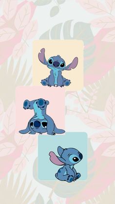 three different pictures of stitchy characters with leaves in the background and one is blue