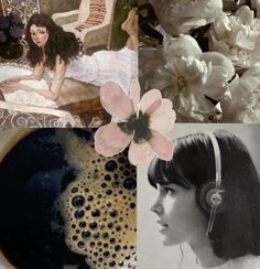 there are pictures of flowers and women in headphones on the same page, one is black and white