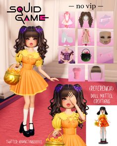 Dress to Impress Squid Game Doll Mattel 💜 #dresstoimpressoutfits #squidgame Squid Game Doll Dti, Dti Game Character, Squid Game Dress To Impress, Medusa Dress To Impress, Dti Game Night, Se-mi Squid Game, Dress To Impress Single Color, Squid Game Oc, Doll Dress To Impress