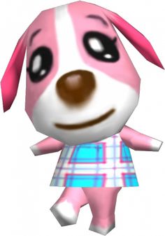 a pink and white dog wearing a dress with brown ears, eyes, and nose