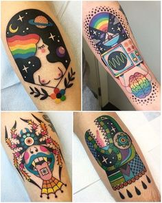 four different tattoos on the arms of people, one with a robot and another with an alien