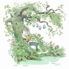 an illustration of a person sitting in the grass under a tree with books on it