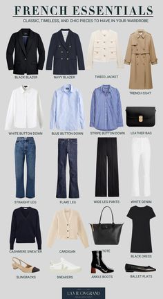 Graphic of French wardrobe essentials you should own to look chic and classic like a French woman. Basic For Wardrobe, Must Have Minimalist Wardrobe, Timeless Basic Outfits, French Simple Style, Simple Parisian Style, Basic Clothes To Have, Must Have Shirts For Women, How To Have A Capsule Wardrobe, Must Have Women Wardrobe