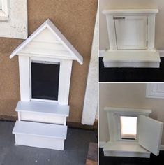 four different views of a dog house made out of wood and painted white with windows