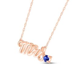 Mark a bride's change of status with this charming necklace featuring "Mrs." spelled out in elegant 10K rose gold letters. A blue lab-created sapphire perfectly punctuates the word art, adding a pop of color and making it a delightful piece to highlight the wedding colors or unique sense of style of the wife-to-be. The pendant rests amidst an 18-inch rope chain that secures with a spring ring clasp. Mrs Necklace, Wife To Be, Necklace Clasps, Kay Jewelers, Gold Letters, Sapphire Stone, Chain Ring, Rope Chain, Necklace Designs