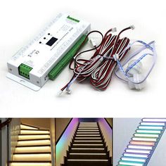 the stairs are lit up with different colored lights and wires, along with an electronic device to control them