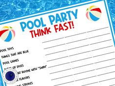 a pool party think fast game with an inflatable ball on the bottom and words above it