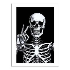 a black and white drawing of a skeleton giving the peace sign with his fingers up