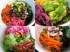 three bowls filled with different types of salads and veggies on top of each other