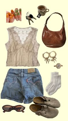 a woman's clothing and accessories including shoes, handbag, sunglasses, purse