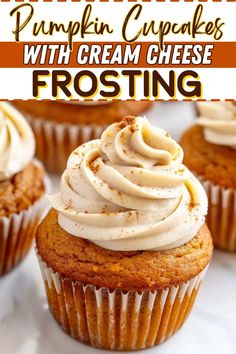 pumpkin cupcakes with cream cheese frosting are on a white plate and the title is