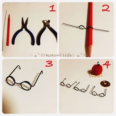 four pictures showing the steps to make a pair of scissors and an apple with eyeglasses