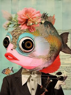 a collage of an image of a fish with flowers on its head and suit