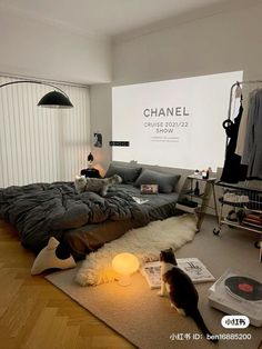 a cat sitting on the floor in front of a bed