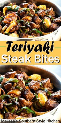 two pans filled with meat and vegetables on top of a table next to the words teriyari steak bites