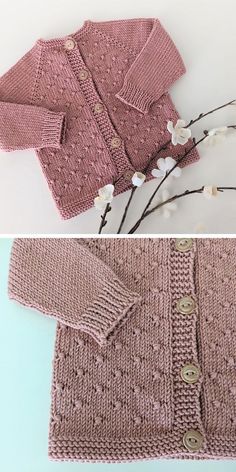 two pictures of sweaters with flowers on the bottom and in the middle, one is pink