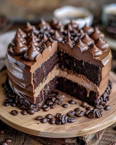 a chocolate cake on a wooden plate with coffee beans around it and one slice cut out