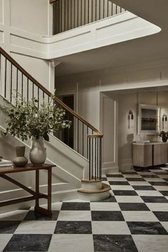 a black and white checkered floor in a house