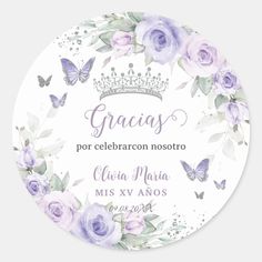 a wedding sticker with purple roses and butterflies on the front, in watercolor