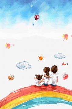 two children sitting on top of a rainbow with balloons in the sky and clouds above them