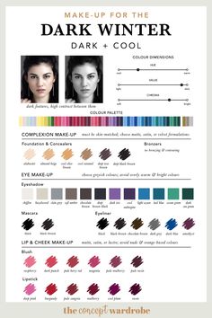 Outfits For Cool Undertones, Winter Season Makeup Color Palettes, Cool Dark Winter Color Palette, Nail Colors For Deep Winter, Make Up For Deep Winter, Makeup For Cool Winter Skin Tone, Cool Skin Tone Makeup Looks, Makeup For Winter Palette, Deep Winter Makeup Colors