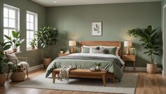 a bed room with a neatly made bed and lots of potted plants