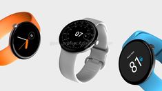 three smart watches with different colors and designs on their wristbands, one showing the time