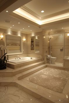 a large bathroom with two sinks and a bathtub