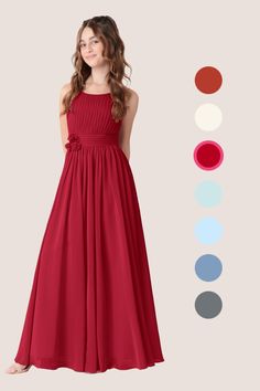 Fun and flirty, this comfortable chiffon bridesmaid dress is appropriate for any wedding from the beach to the church. Your bridal party will love this fashionable floor-length A-line dress with a scoop neckline. The dress boasts a hand worked flower detail. This unique shift is certainly bridesmaid-worthy. Bridesmaid Dresses Red, Junior Girl Dresses, Chiffon Party Dress, Junior Bridesmaid Dress, Red Bridesmaid Dresses, Junior Bridesmaid Dresses, Flower Detail, Chiffon Bridesmaid Dress, Junior Bridesmaid