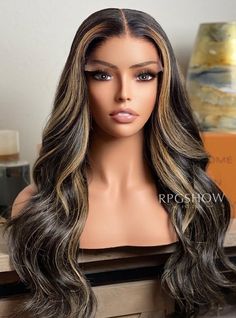 Black Hair with Blonde Highlights Wavy Human Hair Lace Front Wigs - selena006 Updos For Wedding, Black Hair With Blonde, Black Hair With Blonde Highlights, Romantic Updos, Old Hollywood Hair, Hair With Blonde Highlights, Best Lace Wigs, Human Hair Lace Front Wigs, Hair Lace Front Wigs