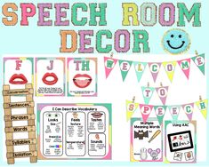 These speech and language therapy room decorations are perfect for decorating your speech room or bulletin board with functional posters and visual tools. This product includes language and articulation visual aids as well as hands on functional decor with a bright glitter varsity letter theme. 18 Speech Therapy Concept Posters: Following directions, Regular and Irregular Verbs, Describing, Multiple Meaning Words, Pronouns, Spatial Concepts, Conjunction, Compare and Contrast, Phonological Awaren Cute Speech Therapy Rooms, Speech And Language Bulletin Boards, Speech Room Decor Classroom Themes, Speech Therapy Decor, Speech Therapy Bulletin Board Ideas, Speech Therapy Bulletin Boards, Speech Therapy Room Decor, Speech Bulletin Boards