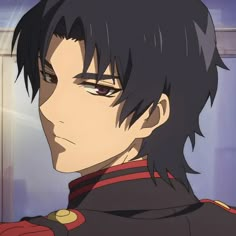 an anime character with black hair and red eyes looking at something in front of him