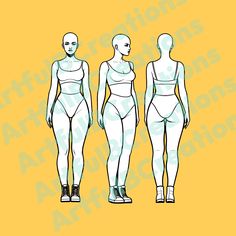 three female mannequins are shown in different positions on an orange and yellow background