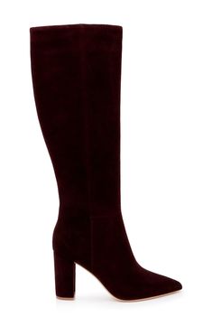 Glossy hardware graces the full-length side zip climbing the towering shaft of this rich leather boot shaped by a pointy toe and wrapped half-column heel. 3 1/4" heel Leather upper, lining and sole Imported Burgundy Boots, Knit Denim, Leather Boot, Fall Shopping, Shoe Sale, Winter Collection, Knee High Boots, Side Zip, Loafer Flats