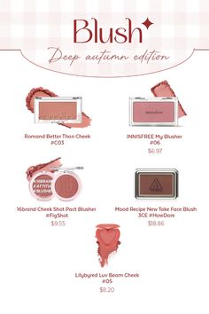 #deepautumn #warmtone #makeup #blush #seasonalcolor #romand #innisfree #16brand #3ce #lilybyred Deep Autumn Makeup, Warm Tone Makeup, Blush Products, Deep Autumn Palette, Autumn Color Palette Fashion, Deep Autumn Color Palette, Feminine Energy Aesthetic, Soft Makeup Looks, Deep Autumn