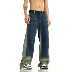 Model is 5ft 9''(176cm) tall, 145 lbs(66kg) weight and wearing a size L168cm 59kg wearing a size M - BLUE WASHED- Wide straight fit- Denim- Gradient Rigid Denim Straight Pants For Streetwear, Washed Blue Full Length Streetwear Jeans, Medium Wash Pre-washed Jeans For Streetwear, Blue Pre-washed Jeans For Streetwear, Streetwear Pre-washed Rigid Denim Bottoms, Straight Fit Denim, Skirt Y2k, Spring Outfits Men, Workout Crop Top