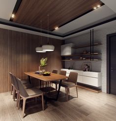 a dining room with wood paneling and modern lighting