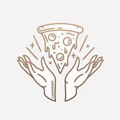 two hands holding a slice of pizza with toppings on it and stars around the edges